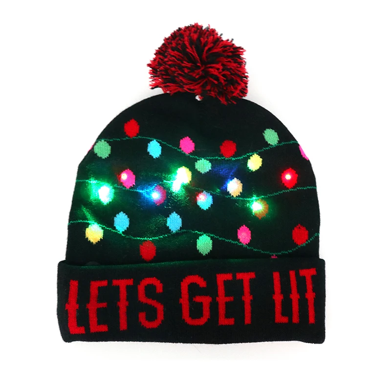 
Adult Christmas Led lights beanie with pompom Christmas knit hat with pompoms 