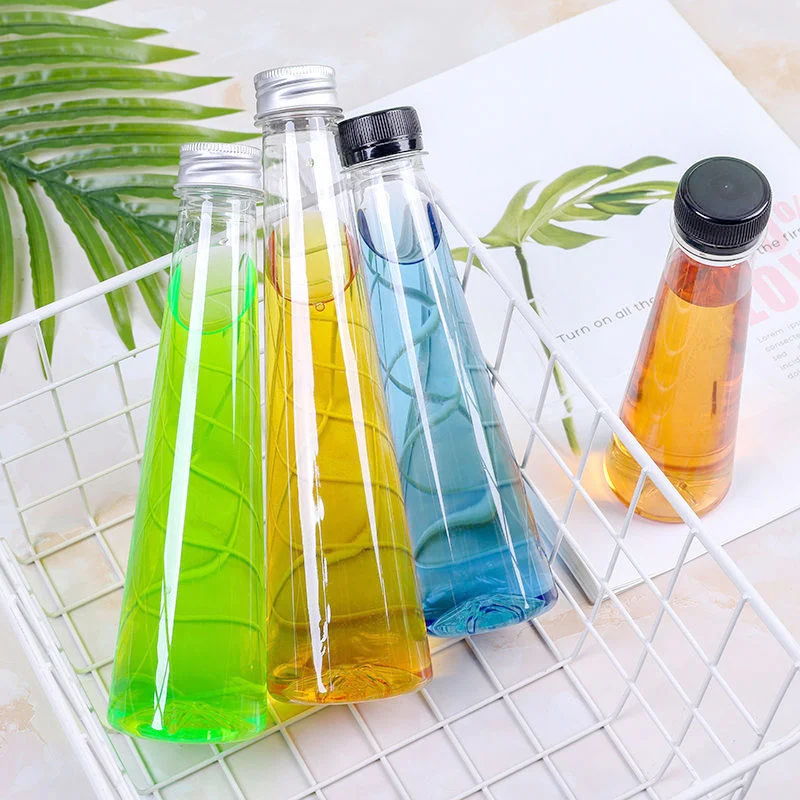 New Design 140ml 200ml 250ml 300ml 350ml 450ml Cone Shape PET Plastic Juice Bottle For Milk Tea liquor wine Beverage Packing