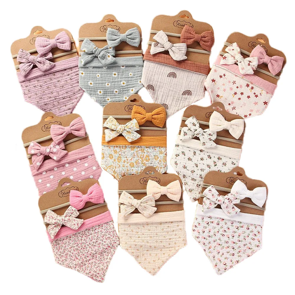 ins new baby spit towel child cotton crepe printed double sided triangle towel bow headband set waterproof bib