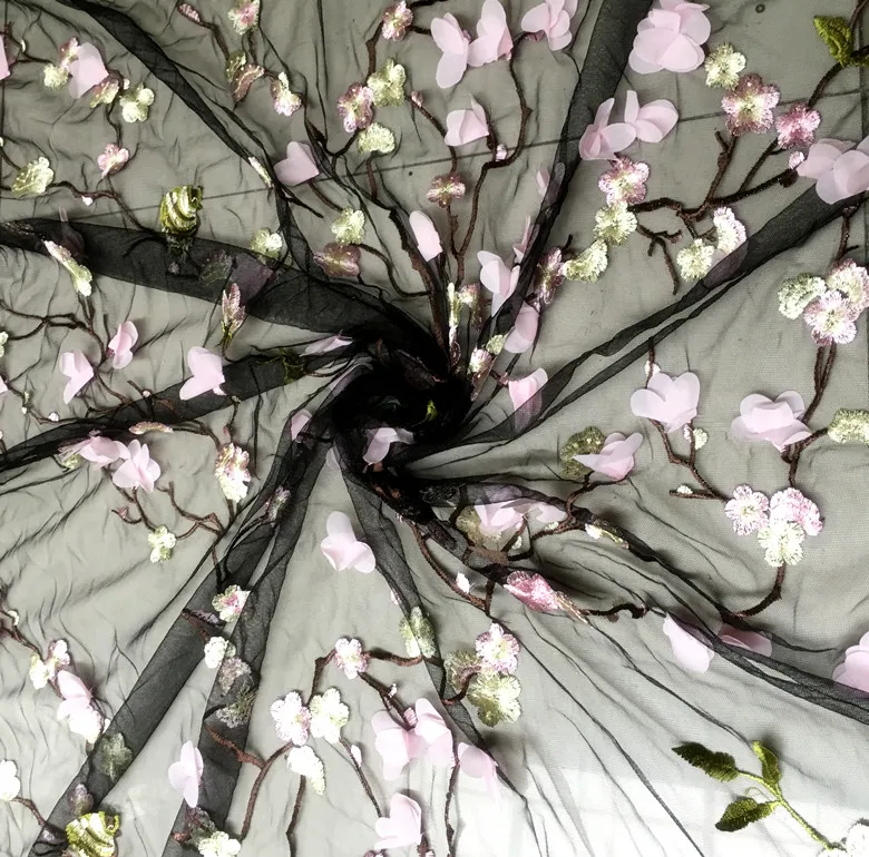 Black pink bright red three-dimensional chiffon flowers plum blossom birds embroidered mesh gauze material fabric gift clothing