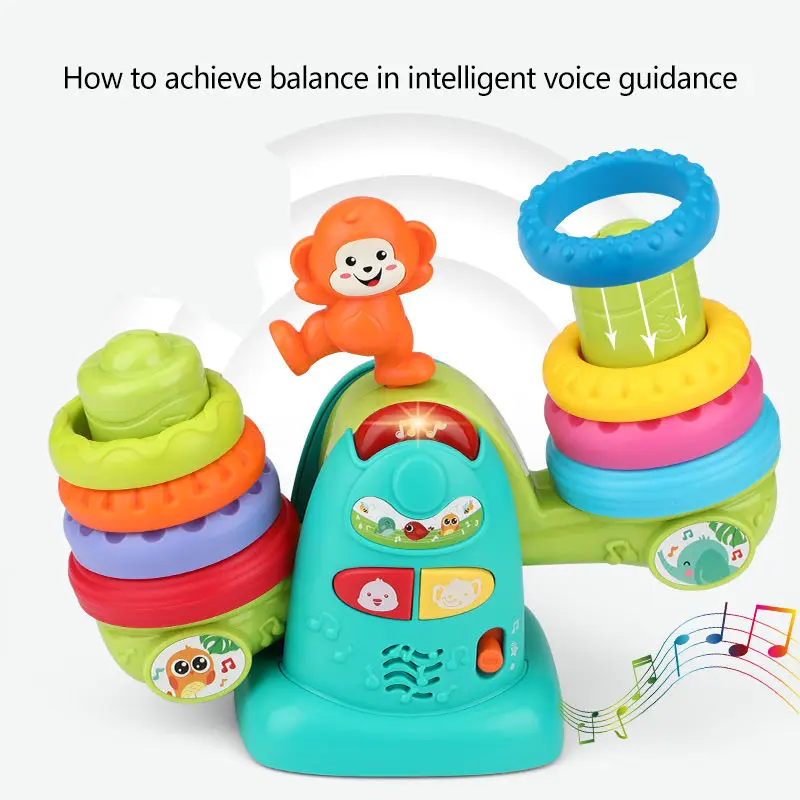 QS Popular Baby Education Toys STEAM Colorful Ring Electric Musical Rainbow Balance Circle Stacking Toys For 3-8 Ages Kids