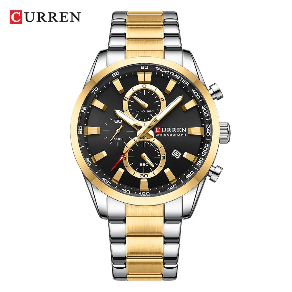CURREN 8445 Fahion Мужские кварцевые часы из нержавеющей стали наручные многофункциональные три иглы Хронограф День водонепроницаемые светящиеся часы