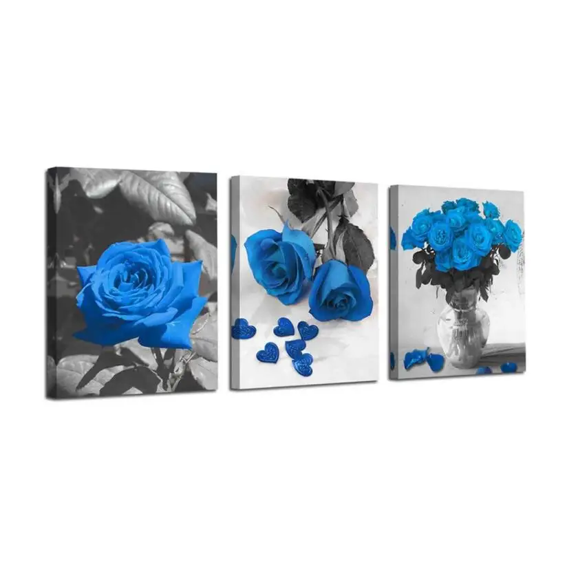 Deco Canvas Picture Frame Flowers Living Room Art Contrast Color Blue 3 Pieces Modern Flower Printing Canvas Painting Wall Art