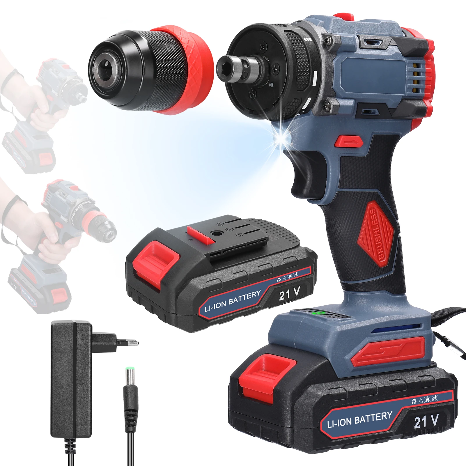 21V 2in1 Home Furniture Electric Drill Screwdriver Multi-function 55Nm Torque Brushless Motor Power Screw Driver Tool