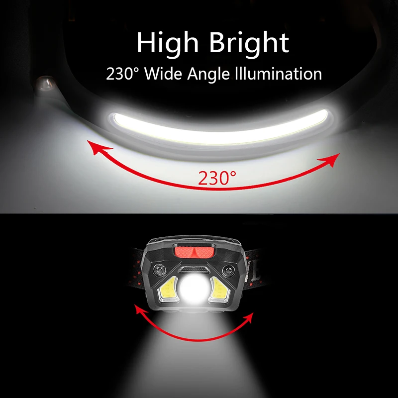 Popular Lightweight 5W Full Vision Head Torch 230 Beam Sensor Function Type-C Rechargeable Led Headlamp