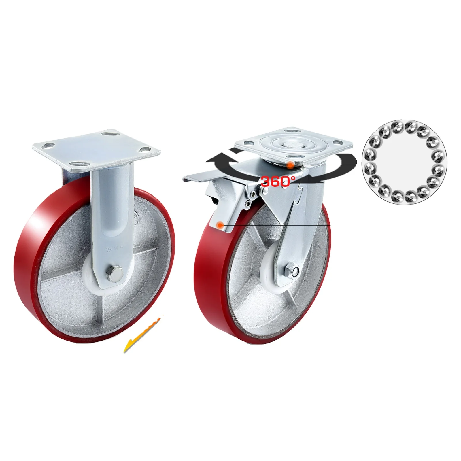 3 4 5 6 8 10 12 Inch Swivel Rigid Side Brake Heavy Duty Non Marking Industrial Cast Iron Core PU Polyurethane Caster Wheel