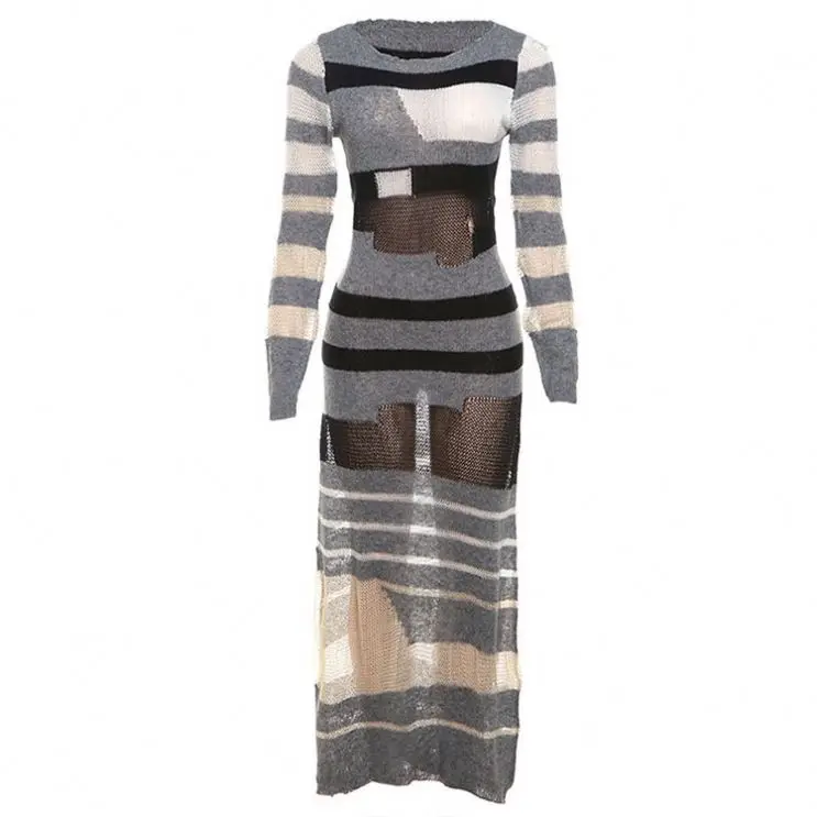 Long woman knitted sweater dress design ,ladies winter one piece dress new fashion 2024