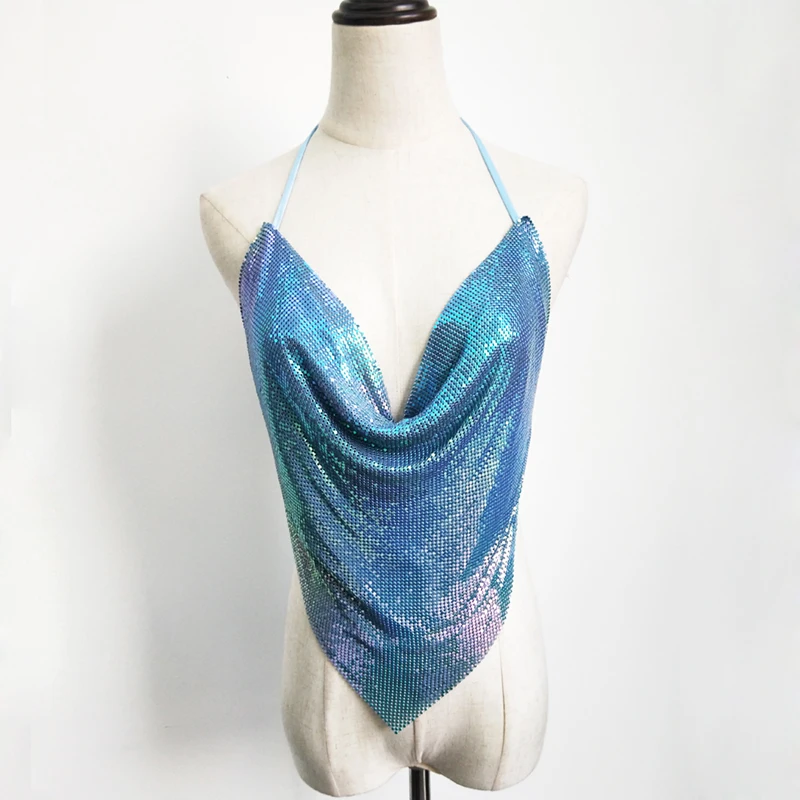 Summer Women Night Club Beach Wear Clothing Metallic Sequin Bikini Chain Mail Metal Mesh Crop Top