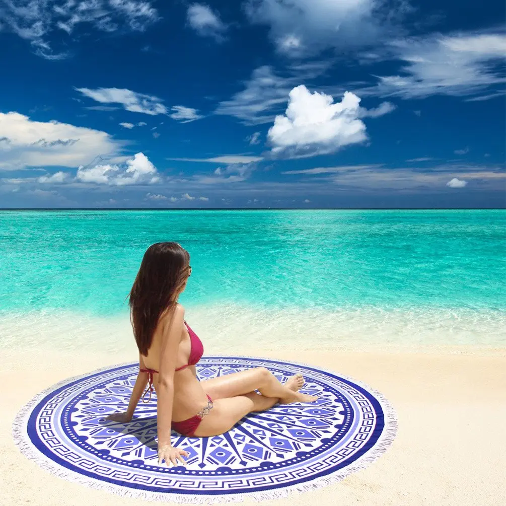 
150cm 100% RPET fabric printing microfiber round beach towel with tassels 