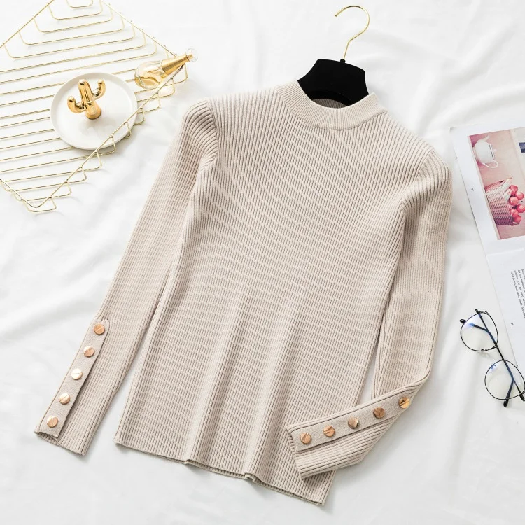 Winter Knitting Pullover Women O Neck Sweater Top Casual Basic Slim Knitwear Jumper Long Sleeve Rib Knit Button Girls Clothes