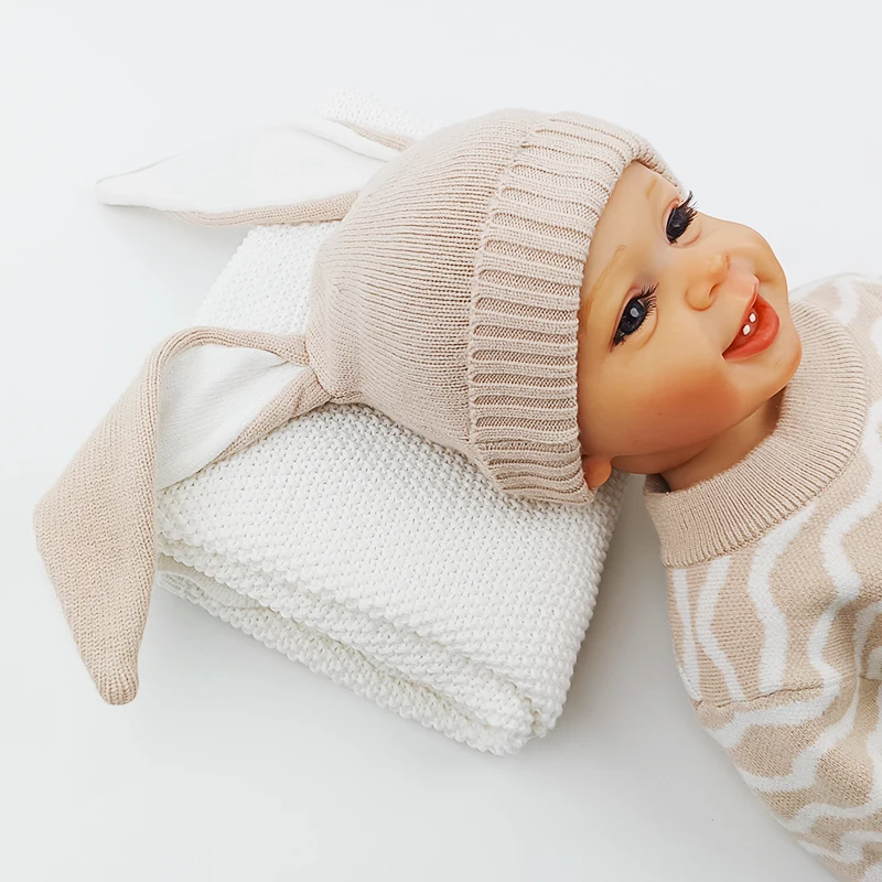 Pinuotu Baby Knitted Beanie Soft Toddler Winter Hats Cotton Knit Headwear Cute Bunny Long Ears Children Beanies