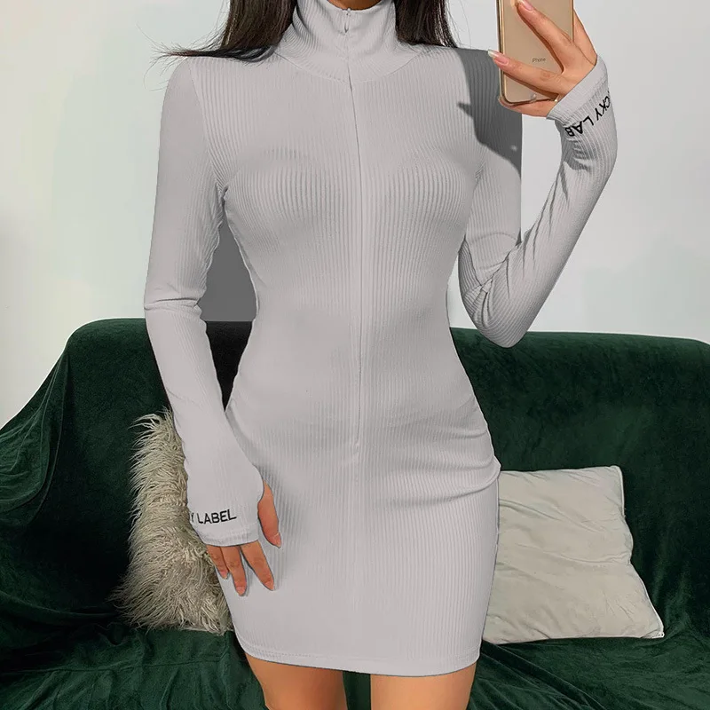 
2021 High Quality Wrap Hip Bodycon Knit Sweater Dresses Embroidery High Collar Women Long Sleeve Sport T Shirt Dress 