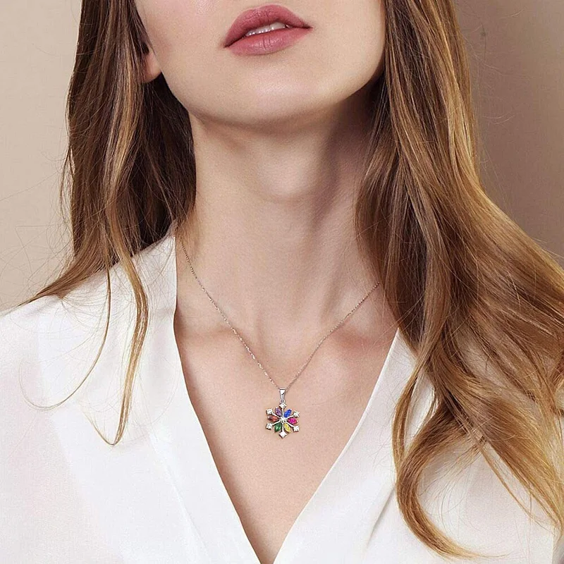 Fashion Zircon Crystal Snowflake women jewelry cz snowflake charm birthstone pendant necklace