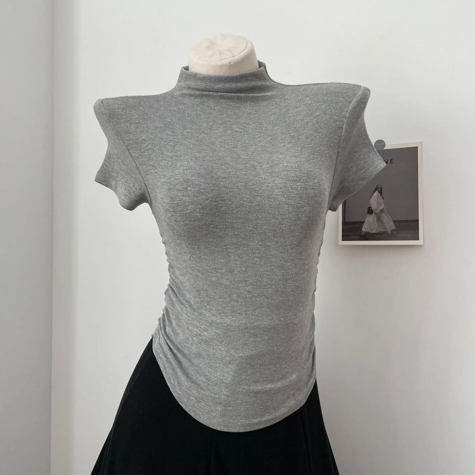 2025 New Design Summer Solid Color Tops Short Sleeve High Collar Blouse Gathers Crop Top cotton custom logo t-shirts for women