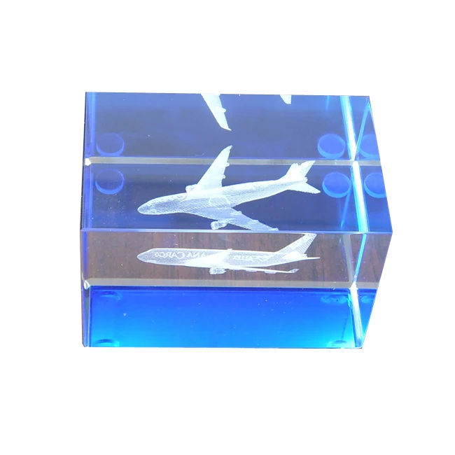 Cheap 3D Laser Engraved Airplane Model Blue Color Crystal Cube Award Gift For Guests Wedding