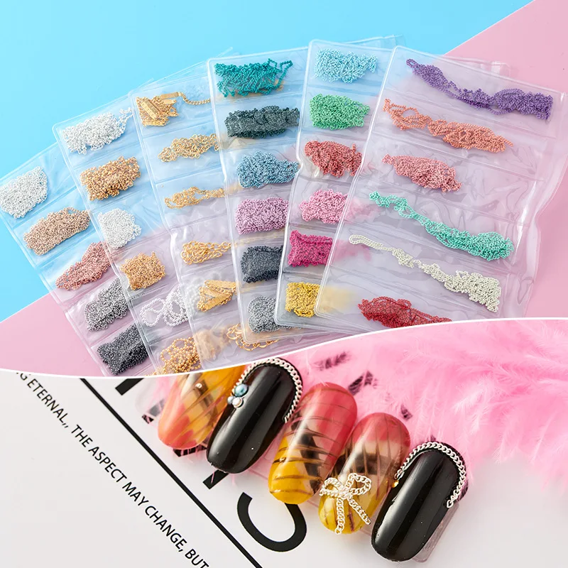 6 Grids/Pack Multi color Flat Metal Chains 3D  Nail Art Alloy Decorations Manicure DIY