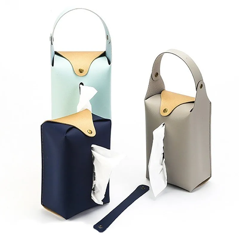 Wholesale  New PU Leather Napkin Holder Creative Hanging Leather Tissue Boxes Cheap Tissue Paper Box
