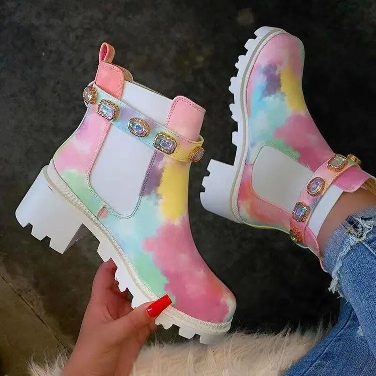 ZX-198 2022 fall Latest Rainbow tie dye print ankle boots designs for women leather chunky high heel platform short boots