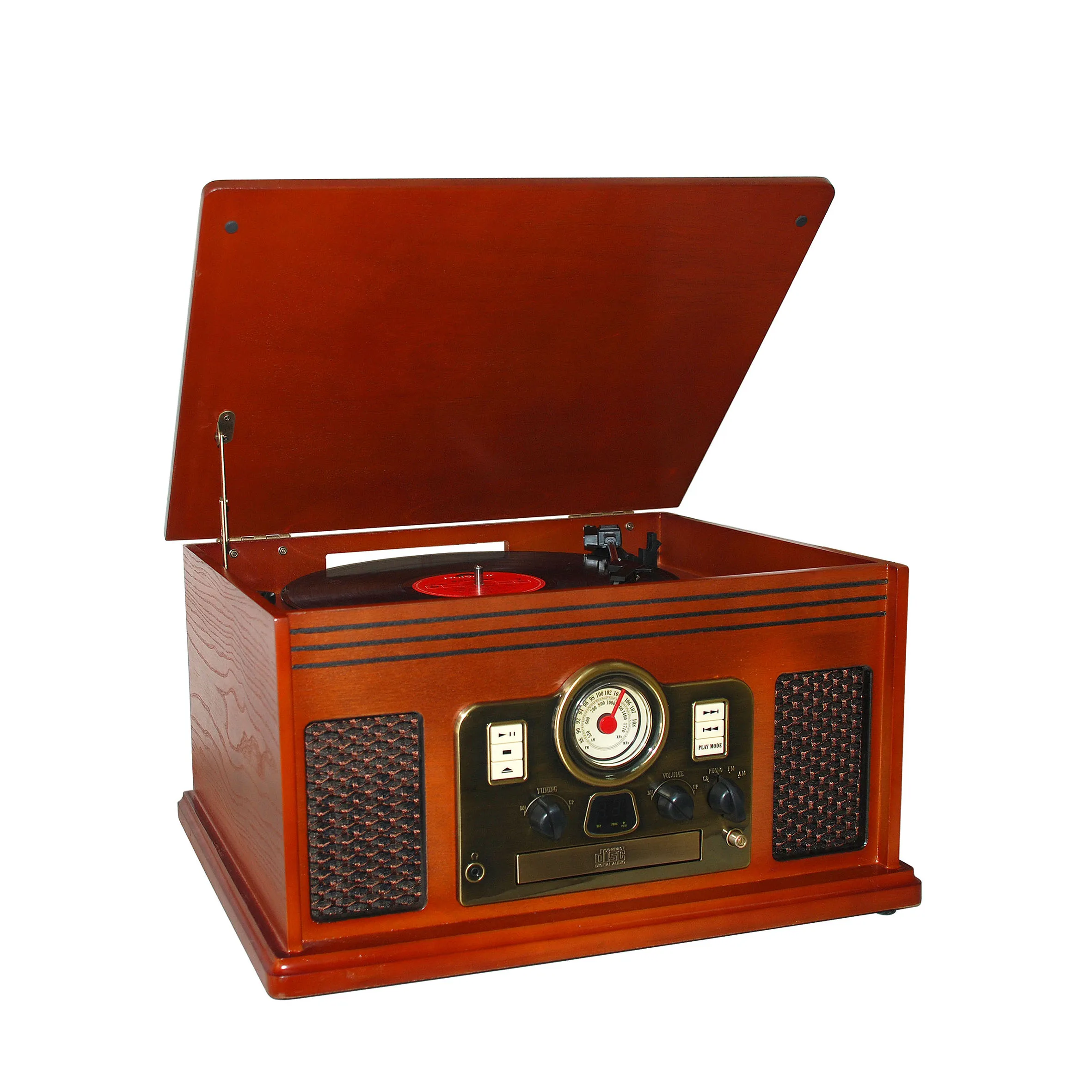 Classic retro wooden turntable  CD player AM/FM Analog Tuning music combo with Built-in Stereo Speaker
