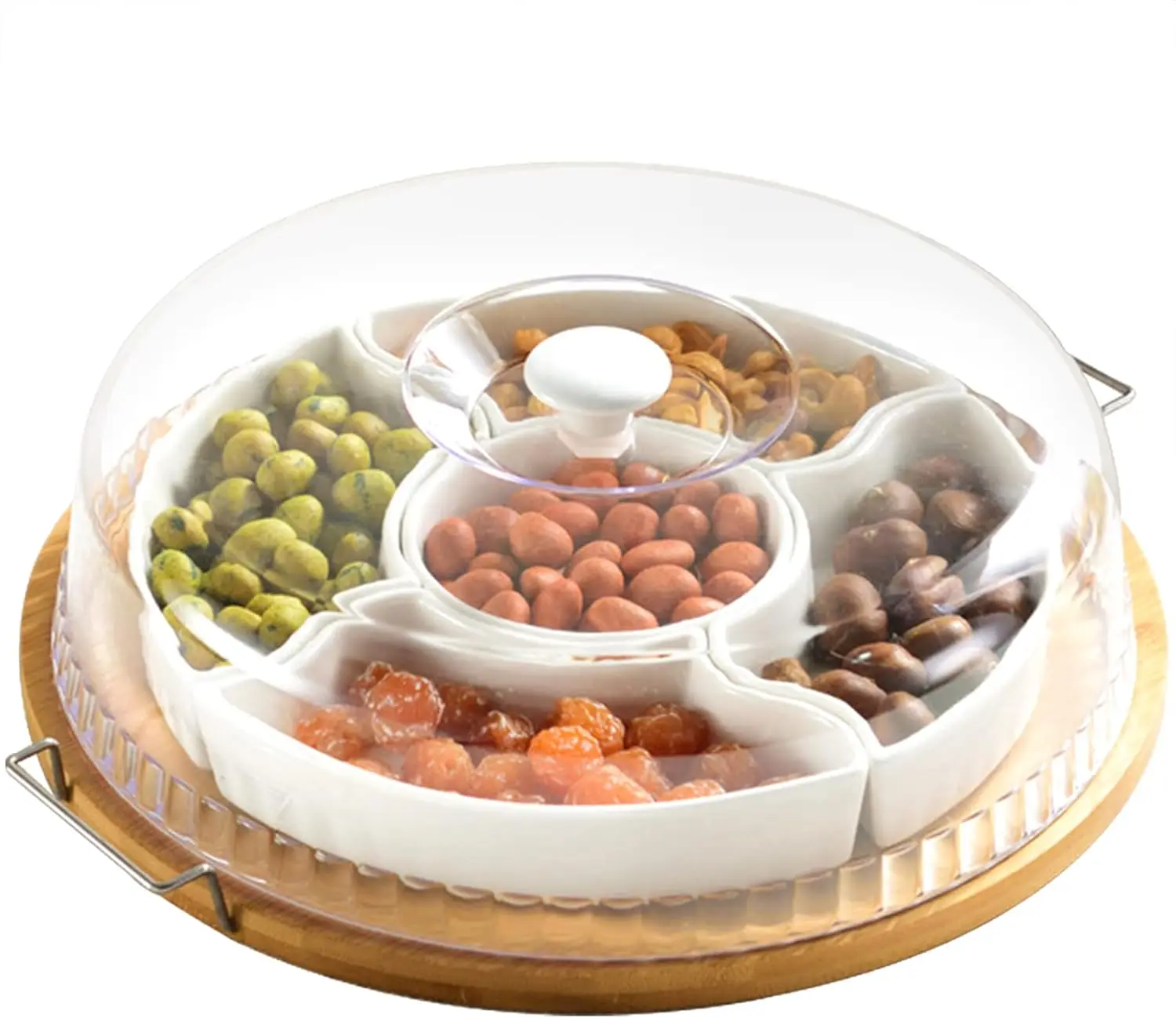 Керамическая тарелка с прозрачной крышкой 11-дюймовый бамбуковый поднос для закусок ручками 5 съемных