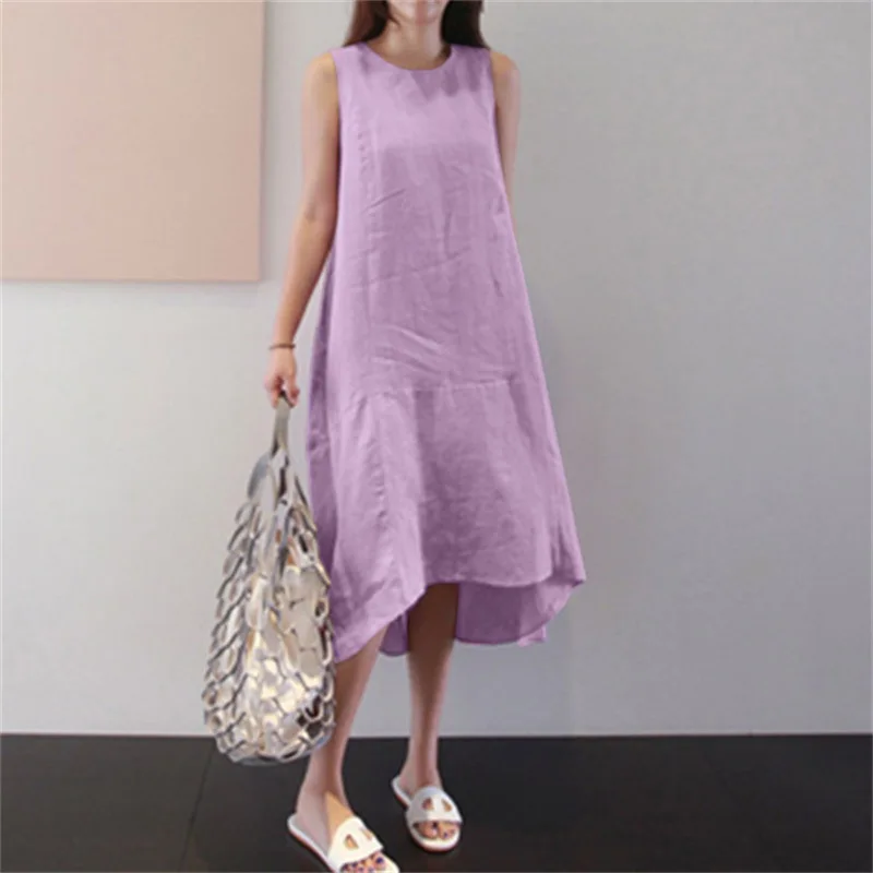 Ladies Solid Color Cotton And Linen Casual Loose Sexy Women Dresses Women Summer Female Clothes Long Dresses