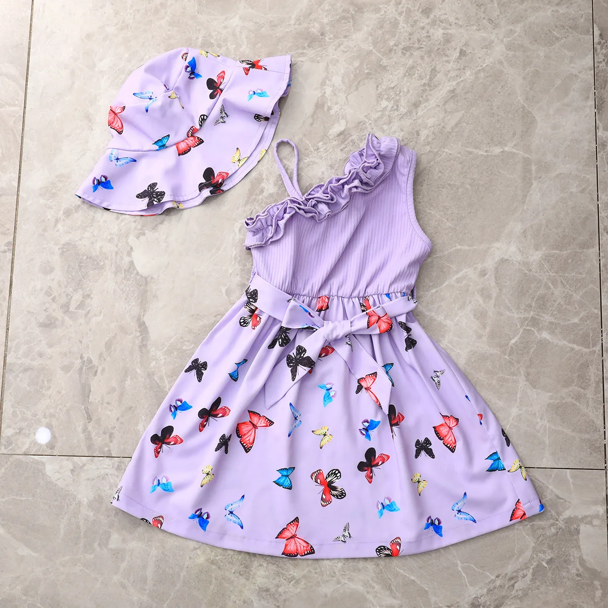 2024 Stock New Design Children Clothes Summer Kids Printed Floral Long Baby Girls Dress with Sun Hat