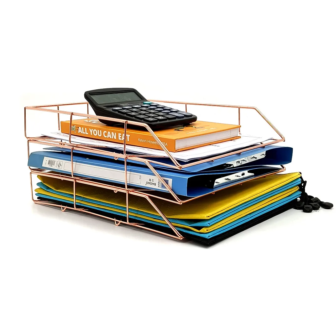 Hot sale Rose Gold Metal Wire desktop 3 tier File rack and Magazine Holder for