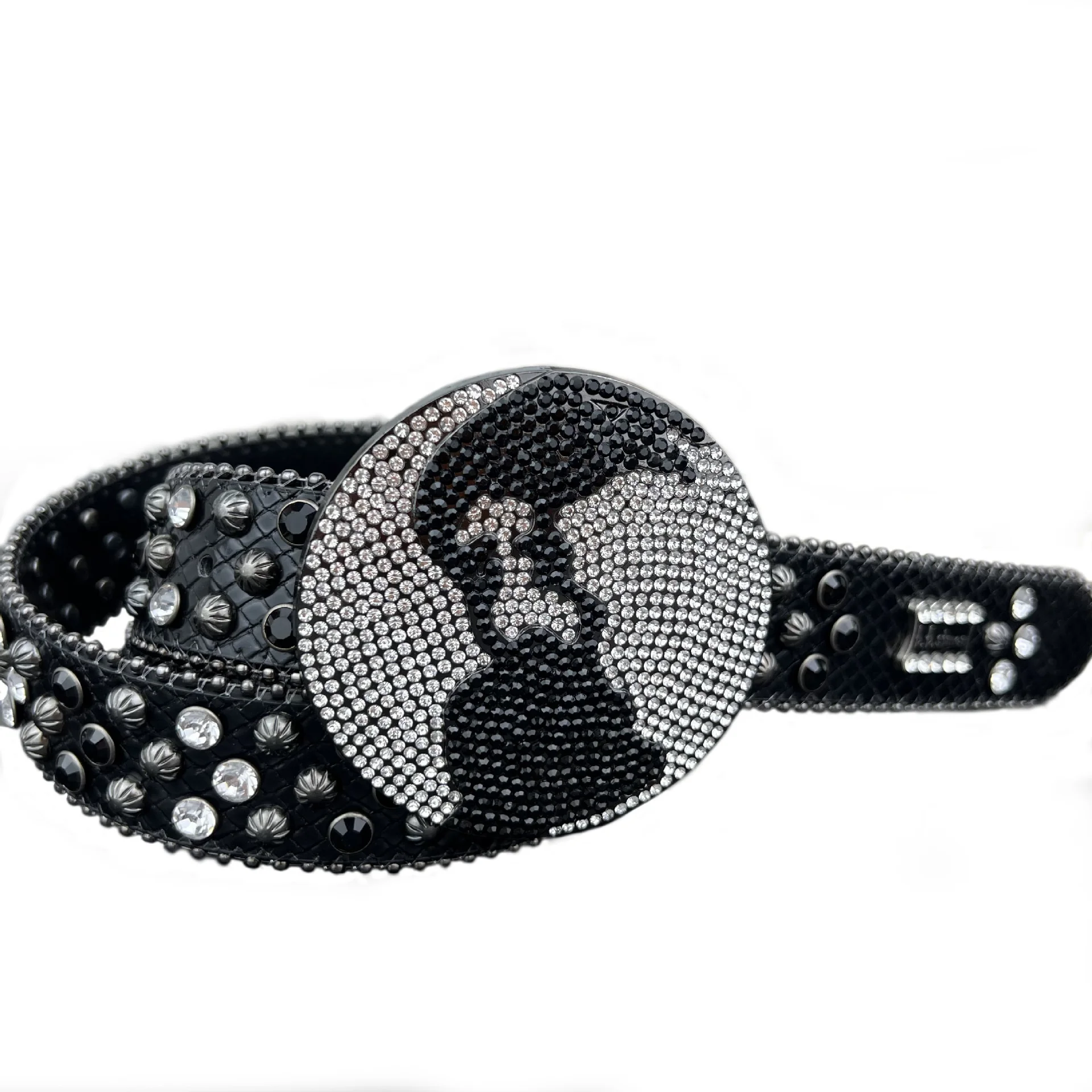 Custom logo PU leather rivet BB belt strap designer shiny no buckle diamond studded rhinestone belts strap for men women
