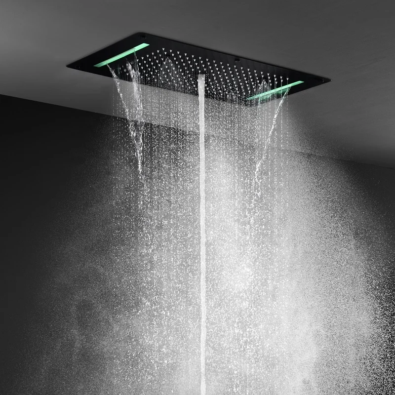 380*700 MM 304 SUS LED Matte black Embedded ceiling shower head rainfall waterfall column spray bathroom Thermostatic shower