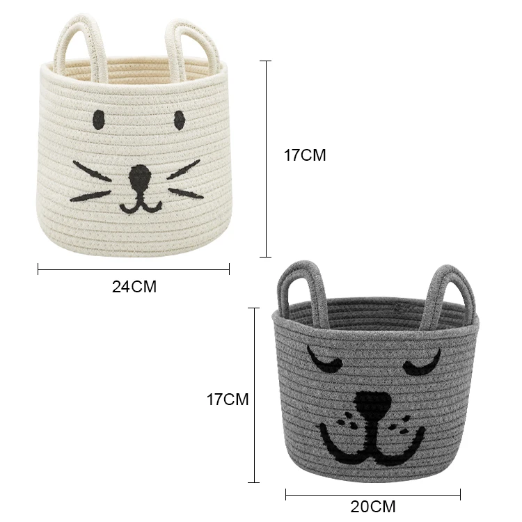 Custom soft colorful animal design cute cat dog cartoon clothes and toys 100 cotton rope baby storage baskets