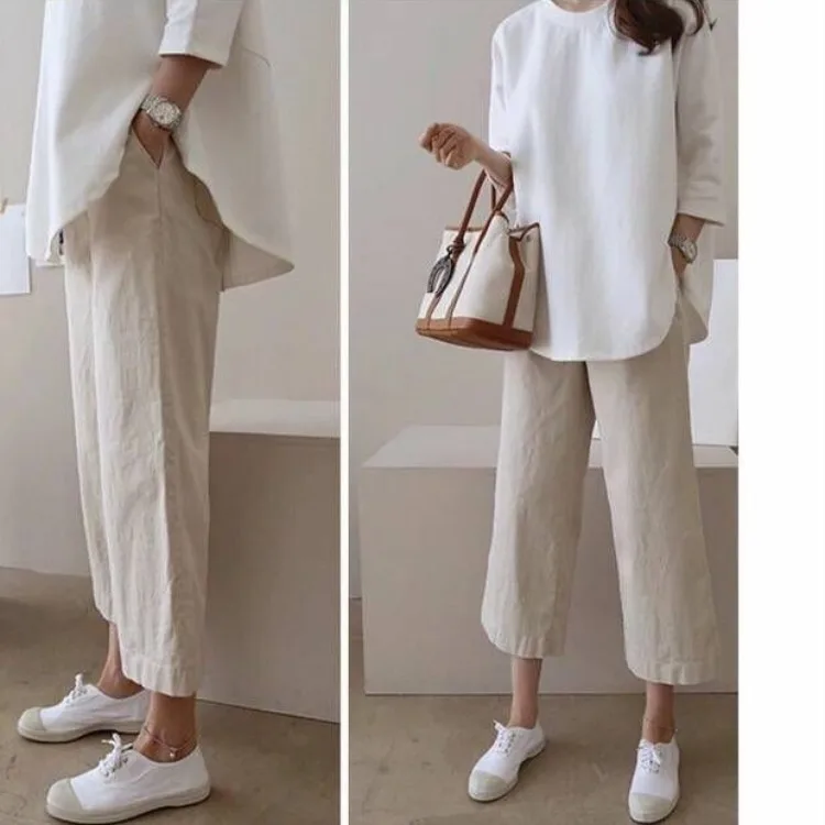 
2021 spring and summer cotton and linen wild wide leg linen thin casual OL professional women loose nine point pants women 