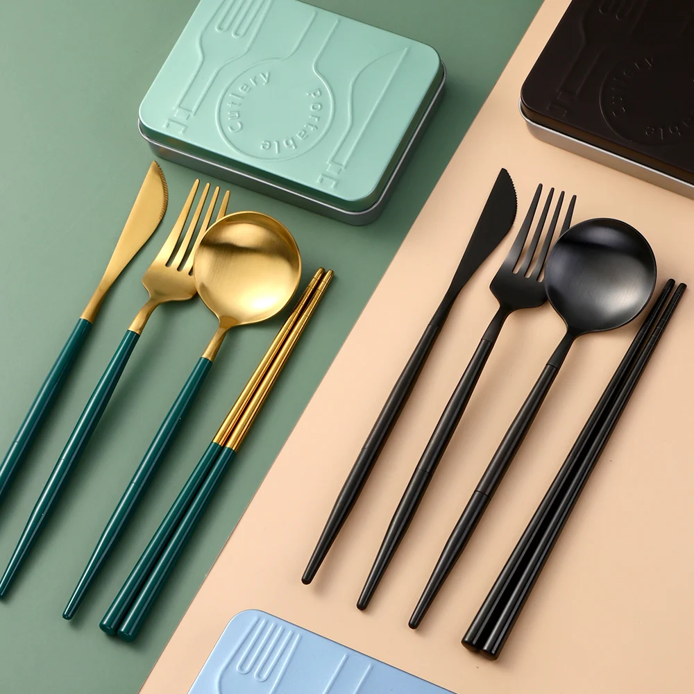 Foldable Portable Portuga Matte Flatware Sets Fork Spoon Chopsticks Knife Stainless Steel Cutlery Set For Camping Travel