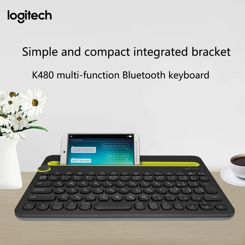 Logitech K480 Bluetooth wireless keyboard. Multi device keyboard with phone holder slot for Windows, Mac, OS, iOS, Android