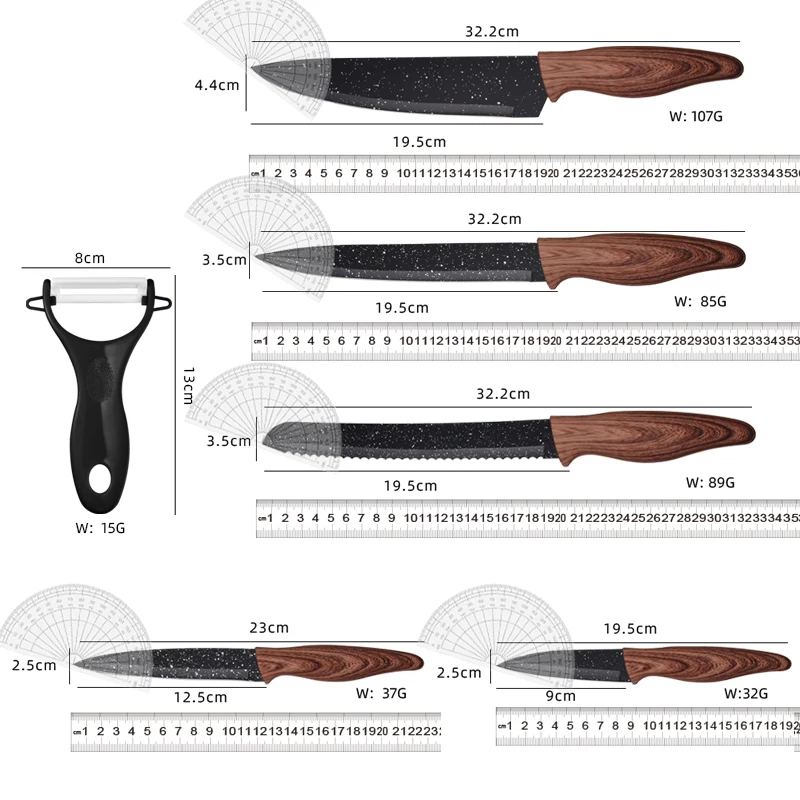 Exclusive In Stock 6 Pieces Wood Grain Handle Kitchen Knife Set Non-stick Coating Knife Set Wooden Handle Knives With Gift Box