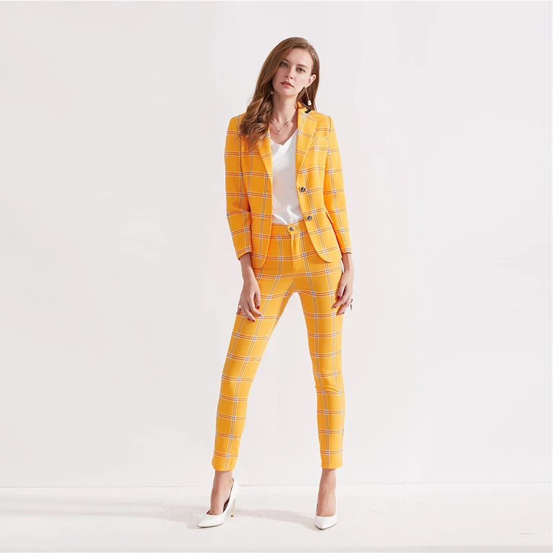 A4428 European Style Yellow Single Breasted Plaid Fashion Two Piece Sets Women 2020
