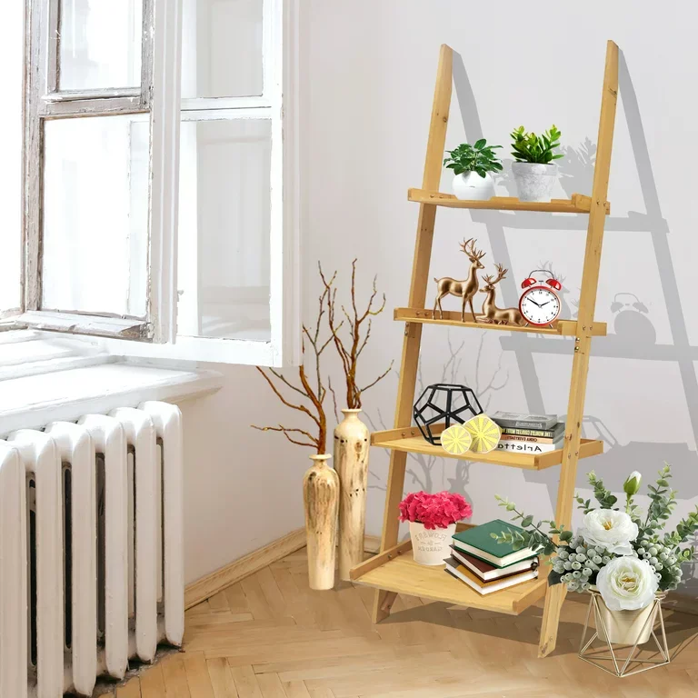 4 tier bamboo ladder tray display shelf for plant bamboo bookshelf for home decor