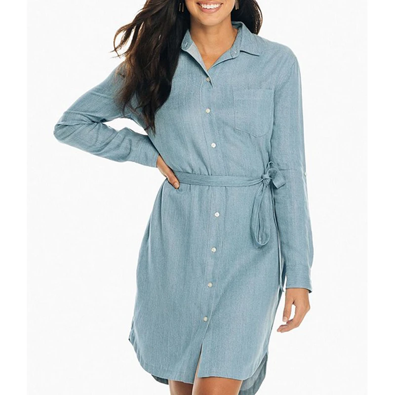 lady wholesale Manufacturer directly sale lady denim fabric tie waist long sleeve drop tail chambray dress Shirtdress silhouette
