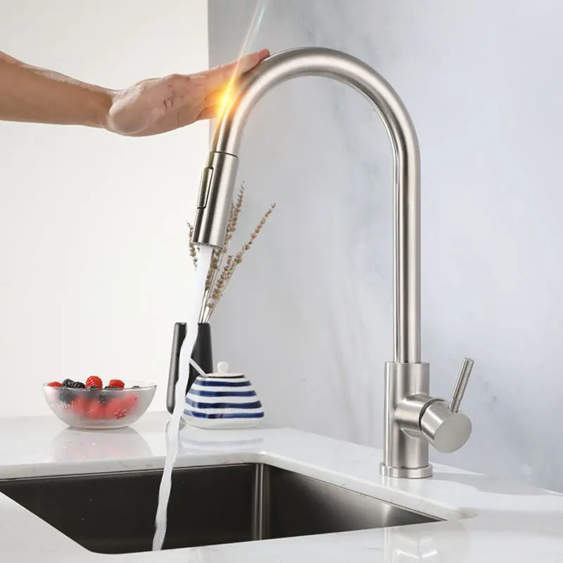 Yubin Factory cheap black gun gray wiredrawing Jinzhineng touch sensitive pull  smart touch kitchen faucet