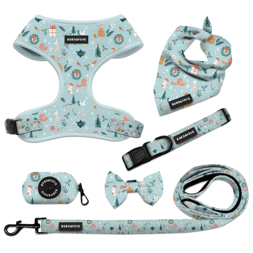 Top Rated Manufacturers Low MOQ Christmas Custom Logo Anti Pull Neoprene Pet Poop Bag Holder Cat Leash Collar Dog Harness Set