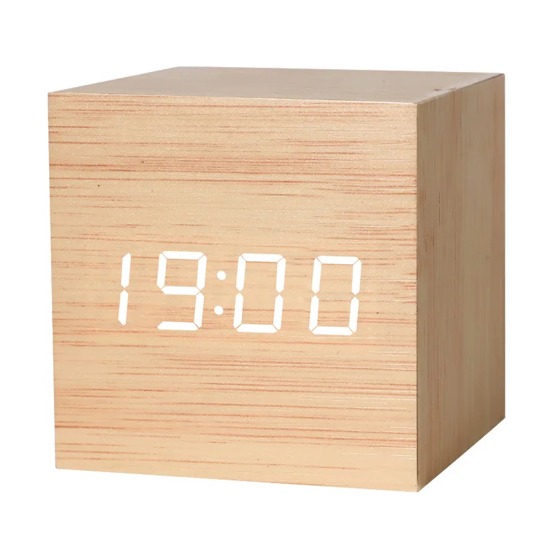 Small square wooden alarm clock living room bedside digital clock  voice-activated intelligent desktop electronic