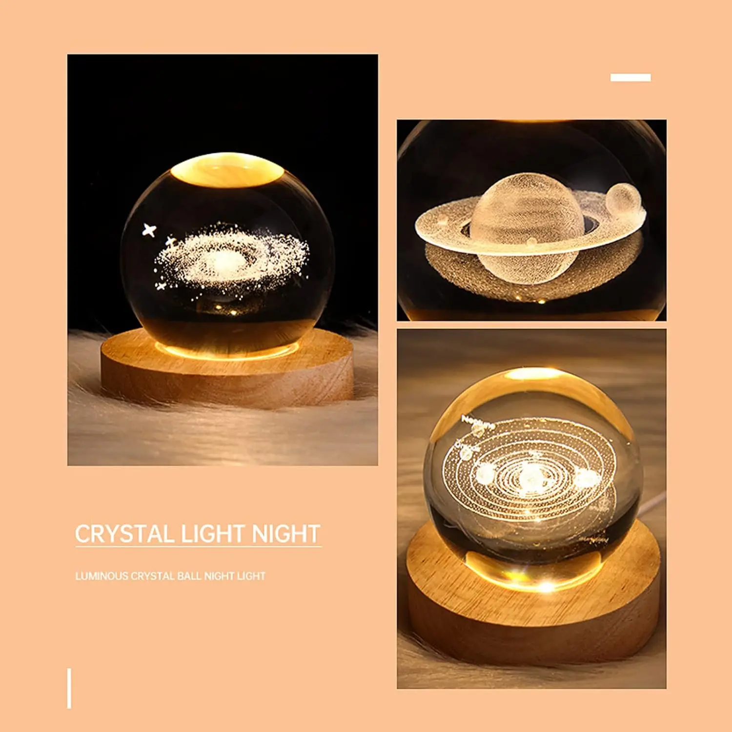 3D Interior Carved Glass Ball Night Lights Space Themed Dream Art Solar System Saturn Galaxy Ball USB Sphere With Wood Base