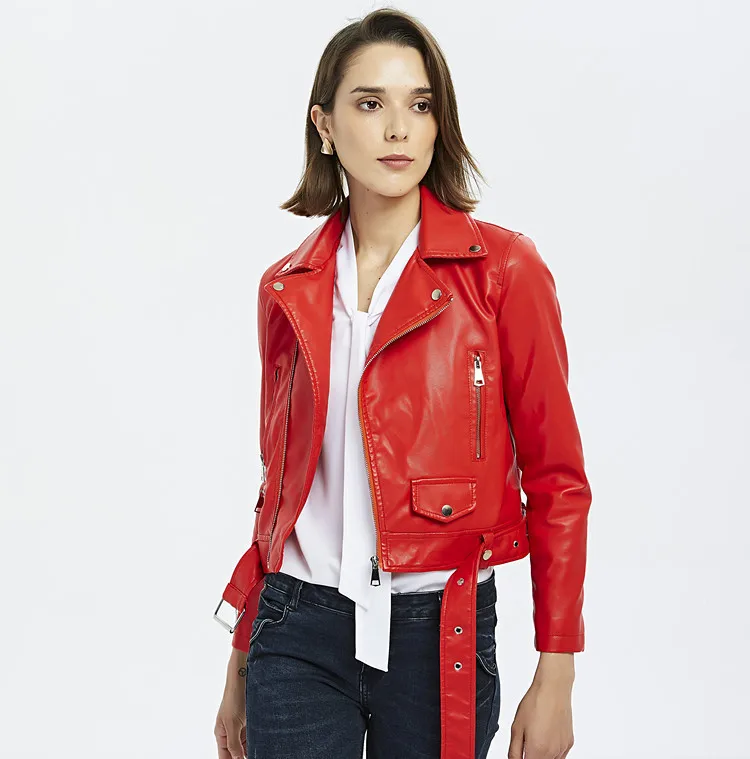 
New Arrive Motorcycle Style Belt Faux Leather Jacket For Women 