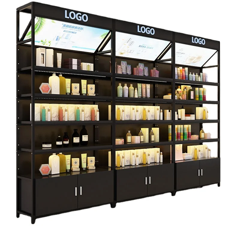 Custom logo wooden display cabinet with led light box mobile phone accessories and socks display stand with light strip