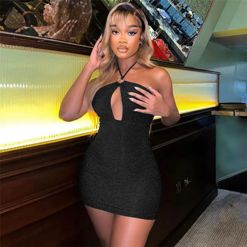 Womens Summer New Solid Color Custom Logo Straps Hanging Neck  Backless Sexy Dresses Clothing