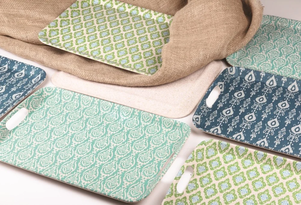 Eco Friendly Bamboo Fiber Decal print Trays Compostable Degradable Tray With Handles