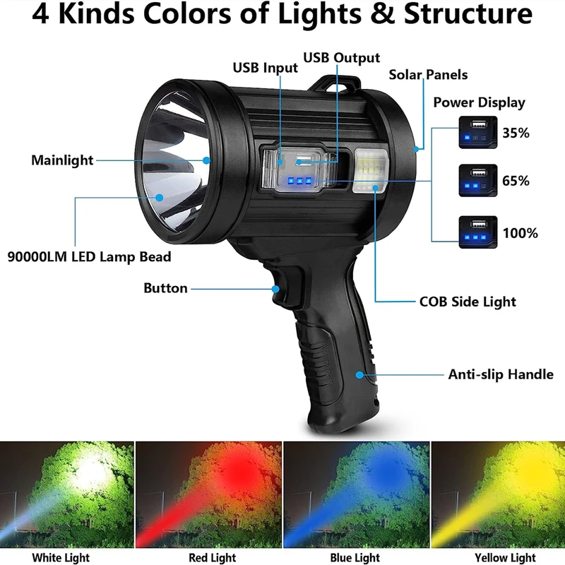 Long Range Handheld 6 Modes Spotlight USB Solar Rechargeable P70 LED Flashlight With Tripod Flashlight Searchlight for Camping