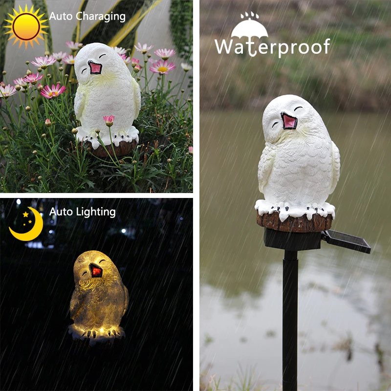 Custom Resin Animal Snowy Owl Figurine with Solar Power Owl Statue Decorative Polyresin Bird Outside Statues for Home Decoration