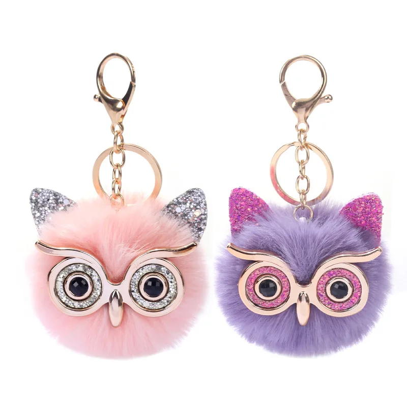 China Factory Wholesale Multi-colored Fluffy Owl Fur Ball Keychain