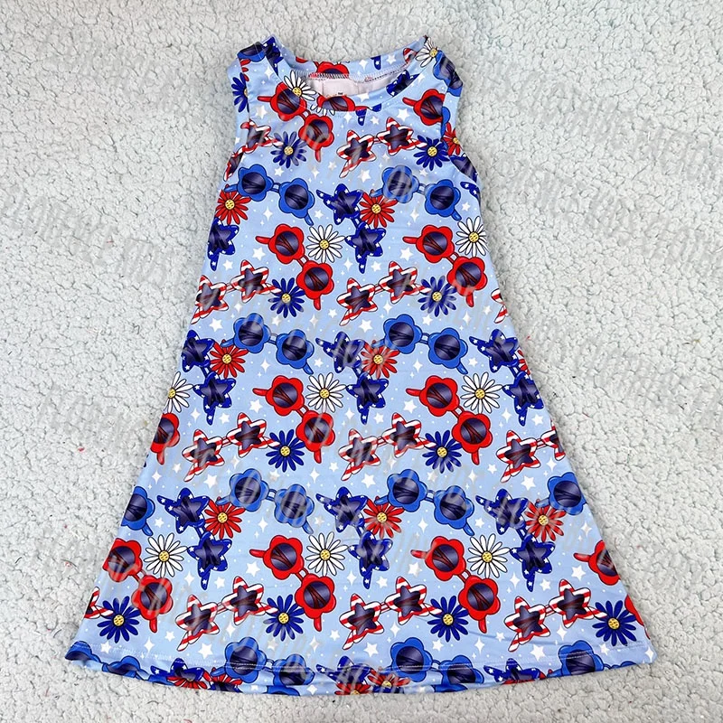 DH ODM Boutique western 4th of july summer sleeveless A line dress kids dresses for girls