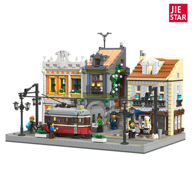 JIESTAR игрушки 3080 шт. двухэтажная Европейская Лисбонская трамвайная станция moc строительные блоки Детская модель с видом на улицу развивающая игрушка